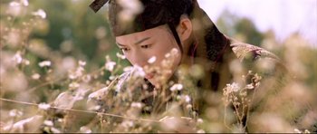 Movie still from “House of Flying Daggers” (2004), directed by Yimou Zhang – A young man wearing an oriental hat looking down at flowers; Close Up shot, Low angle