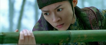 Movie still from “House of Flying Daggers” (2004), directed by Yimou Zhang – A man in oriental garb holding a bamboo stick; Close Up shot, Low angle