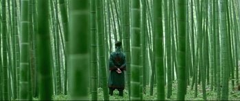 Movie still from “House of Flying Daggers” (2004), directed by Yimou Zhang – A man in a green robe standing in the middle of a bamboo forest; Wide shot, Low angle