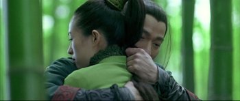 Movie still from “House of Flying Daggers” (2004), directed by Yimou Zhang – A man and a woman hugging each other in a forest; Close Up shot, Over the shoulder angle