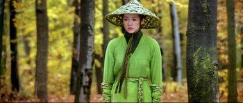 Movie still from “House of Flying Daggers” (2004), directed by Yimou Zhang – A woman in a green dress wearing a straw hat; Medium shot, Low angle