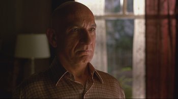 Movie still from “House of Sand and Fog” (2003), directed by Vadim Perelman – A bald man in a plaid shirt looking at the camera; Close Up shot, Low angle