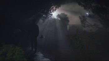 Movie still from “House of Sand and Fog” (2003), directed by Vadim Perelman – A person standing in the dark with a light shining through the trees; Wide shot, Low angle