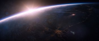 Movie still from “Venom” (2018), directed by Ruben Fleischer – A view of the earth taken from a space station; Extreme Wide shot, High angle