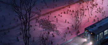 Movie still from “Venom” (2018), directed by Ruben Fleischer – An aerial view of a cemetery at night; Extreme Wide shot, High angle