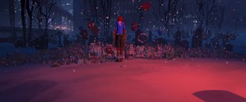 Movie still from “Venom” (2018), directed by Ruben Fleischer – A person standing in front of a bunch of balloons; Extreme Wide shot, High angle