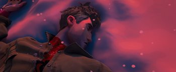 Movie still from “Venom” (2018), directed by Ruben Fleischer – A man in a brown jacket is looking at the sky; Close Up shot, Overhead angle