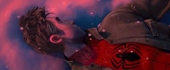 Movie still from “Venom” (2018), directed by Ruben Fleischer – A man laying on the ground in a room with lights; Close Up shot, Overhead angle