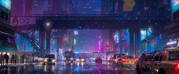 Movie still from “Venom” (2018), directed by Ruben Fleischer – A city street filled with lots of traffic at night; Extreme Wide shot, Low angle