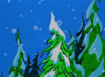 Movie still from “How the Grinch Stole Christmas!” (1966), directed by Ben Washam – A painting of a snow covered evergreen forest; Extreme Wide shot, Low angle
