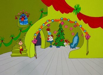 Movie still from “How the Grinch Stole Christmas!” (1966), directed by Ben Washam – A room decorated for a christmas party with decorations; Extreme Wide shot, High angle