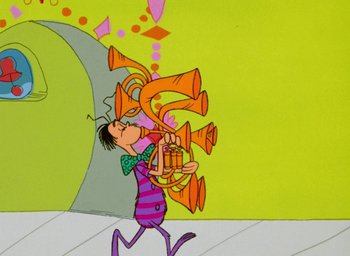 Movie still from “How the Grinch Stole Christmas!” (1966), directed by Ben Washam – A cartoon of a man playing a trumpet; Extreme Wide shot, Low angle