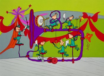 Movie still from “How the Grinch Stole Christmas!” (1966), directed by Ben Washam – A painting of a group of people playing instruments; Extreme Wide shot, High angle