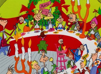 Movie still from “How the Grinch Stole Christmas!” (1966), directed by Ben Washam – A group of people sitting around a table with candles on it; Extreme Wide shot, High angle