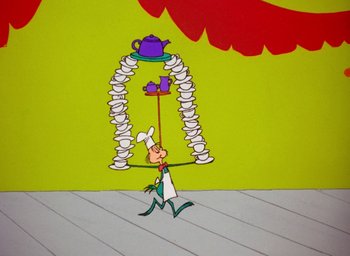 Movie still from “How the Grinch Stole Christmas!” (1966), directed by Ben Washam – A painting of a person walking in front of a tea pot; Wide shot, Low angle