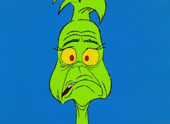 Movie still from “How the Grinch Stole Christmas!” (1966), directed by Ben Washam – A drawing of the head of the grinch with red eyes; Close Up shot, Low angle