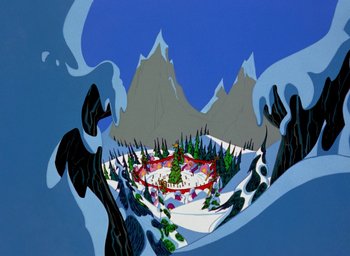 Movie still from “How the Grinch Stole Christmas!” (1966), directed by Ben Washam – An animated picture of a snowy mountain with trees and buildings; Extreme Wide shot, High angle
