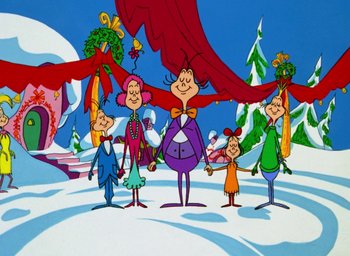 Movie still from “How the Grinch Stole Christmas!” (1966), directed by Ben Washam – A group of people standing in the middle of a snowy field; Extreme Wide shot, Low angle