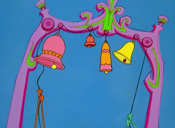 Movie still from “How the Grinch Stole Christmas!” (1966), directed by Ben Washam – Many bells hanging from the ceiling; Wide shot, Low angle