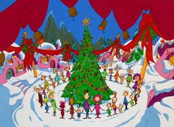 Movie still from “How the Grinch Stole Christmas!” (1966), directed by Ben Washam – A group of people standing around a christmas tree; Extreme Wide shot, High angle
