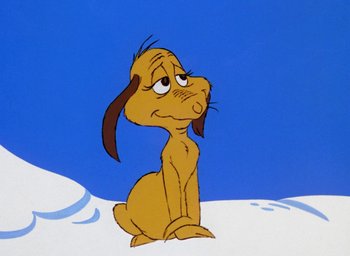 Movie still from “How the Grinch Stole Christmas!” (1966), directed by Ben Washam – A cartoon dog sitting in the middle of a snowy field; Close Up shot, Low angle
