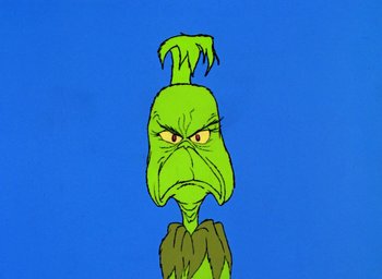 Movie still from “How the Grinch Stole Christmas!” (1966), directed by Ben Washam – A drawing of the head of the grinch; Close Up shot, Low angle