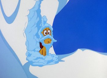 Movie still from “How the Grinch Stole Christmas!” (1966), directed by Ben Washam – A painting of a dog with a beard and a mustache; Medium shot, Low angle