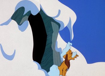 Movie still from “How the Grinch Stole Christmas!” (1966), directed by Ben Washam – A painting of a cat sitting on top of a cliff; Wide shot, Low angle