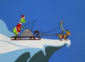 Movie still from “How the Grinch Stole Christmas!” (1966), directed by Ben Washam – The grinch is pulling a dog on a sled; Wide shot, High angle