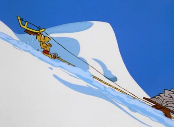 Movie still from “How the Grinch Stole Christmas!” (1966), directed by Ben Washam – A person skiing down the side of a snow covered slope; Extreme Wide shot, Low angle