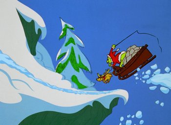 Movie still from “How the Grinch Stole Christmas!” (1966), directed by Ben Washam – A painting of the grinch riding a sled down a mountain; Extreme Wide shot, Low angle