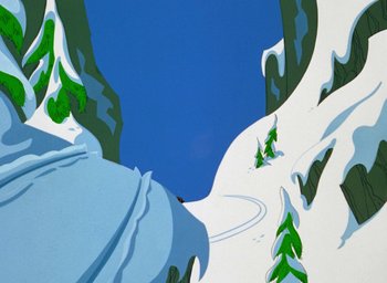 Movie still from “How the Grinch Stole Christmas!” (1966), directed by Ben Washam – A man riding a snowboard down a snow covered slope; Extreme Wide shot, Overhead angle