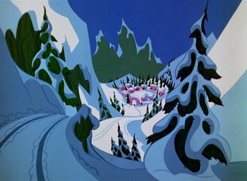 Movie still from “How the Grinch Stole Christmas!” (1966), directed by Ben Washam – A painting of a ski slope with trees in the background; Extreme Wide shot, High angle