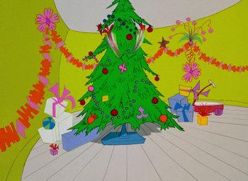 Movie still from “How the Grinch Stole Christmas!” (1966), directed by Ben Washam – A drawing of a decorated christmas tree in a room with presents; Extreme Wide shot, High angle