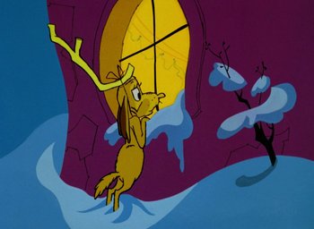 Movie still from “How the Grinch Stole Christmas!” (1966), directed by Ben Washam – A painting of a dog hanging from a window; Medium shot, Low angle