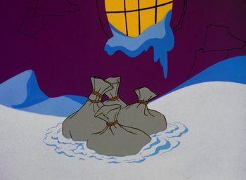 Movie still from “How the Grinch Stole Christmas!” (1966), directed by Ben Washam – A painting of a bag of money in the snow; Medium shot, Low angle