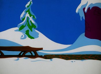 Movie still from “How the Grinch Stole Christmas!” (1966), directed by Ben Washam – A painting of a bench in the middle of a snowy field; Extreme Wide shot, High angle
