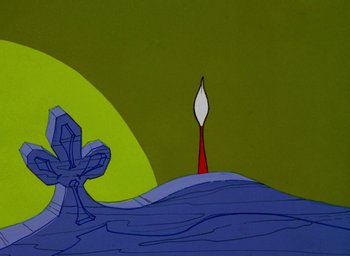Movie still from “How the Grinch Stole Christmas!” (1966), directed by Ben Washam – An artistic drawing of a candle in the middle of the ocean; Extreme Wide shot, Low angle