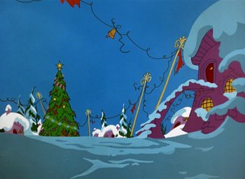 Movie still from “How the Grinch Stole Christmas!” (1966), directed by Ben Washam – A cartoon of a christmas tree in the middle of a snowy field; Extreme Wide shot, Low angle