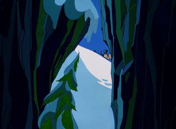 Movie still from “How the Grinch Stole Christmas!” (1966), directed by Ben Washam – A person riding a bike on top of a snow covered slope; Extreme Wide shot, Low angle