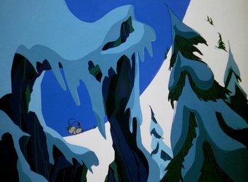 Movie still from “How the Grinch Stole Christmas!” (1966), directed by Ben Washam – A painting of a mountain with snow on it; Extreme Wide shot, Low angle