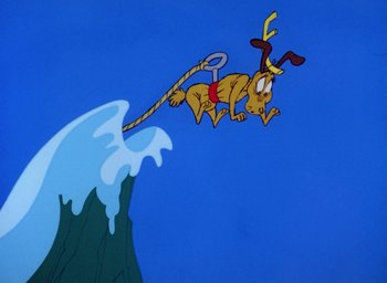 Movie still from “How the Grinch Stole Christmas!” (1966), directed by Ben Washam – A cartoon of a dog being pulled by a rope; Wide shot, Low angle