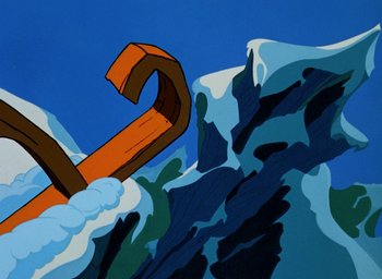 Movie still from “How the Grinch Stole Christmas!” (1966), directed by Ben Washam – An animated picture of an orange sled on a mountain; Extreme Wide shot, Low angle