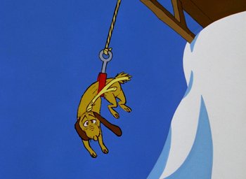 Movie still from “How the Grinch Stole Christmas!” (1966), directed by Ben Washam – A cartoon of a dog hanging from a rope; Wide shot, Low angle