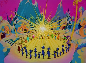 Movie still from “How the Grinch Stole Christmas!” (1966), directed by Ben Washam – A group of people standing in front of an animated scene; Extreme Wide shot, High angle