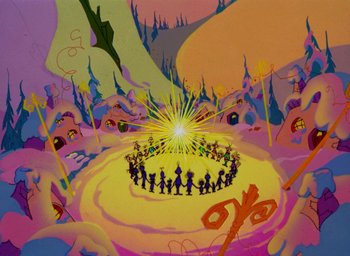 Movie still from “How the Grinch Stole Christmas!” (1966), directed by Ben Washam – A group of people standing in a circle in front of a bright light; Extreme Wide shot, High angle