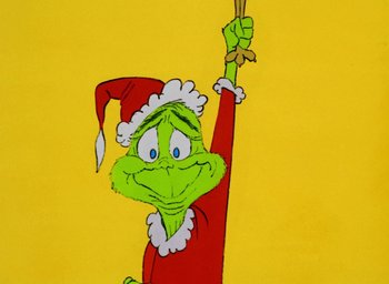 Movie still from “How the Grinch Stole Christmas!” (1966), directed by Ben Washam – A drawing of the grinch holding up a branch; Close Up shot, Low angle