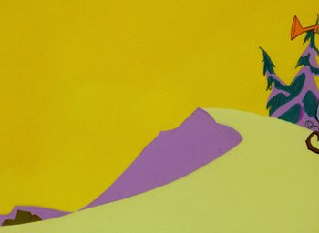 Movie still from “How the Grinch Stole Christmas!” (1966), directed by Ben Washam – A purple and yellow painting of a hill and a tree; Extreme Wide shot, Low angle