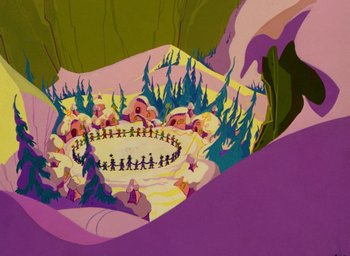 Movie still from “How the Grinch Stole Christmas!” (1966), directed by Ben Washam – An animated scene of a circle of people in a forest; Extreme Wide shot, High angle