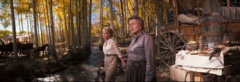 Movie still from “How the West Was Won” (1962), directed by George Marshall – A man and a woman holding hands in the woods; Wide shot, Low angle